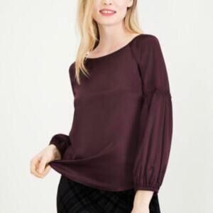 Maison Jules Women’s Boat Neck Balloon Sleeve Charmeuse Blouse Burgundy Sz XXS